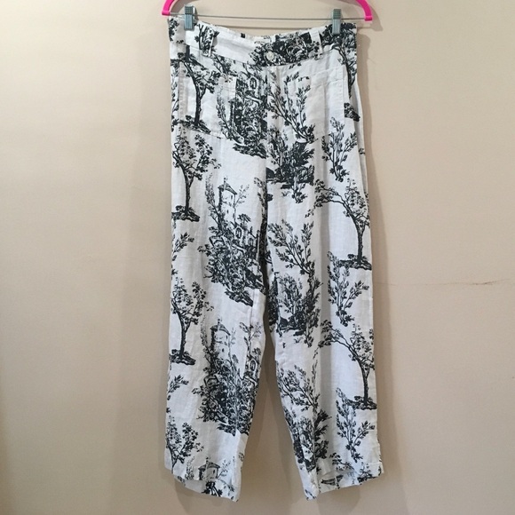 New JOIE Linen straight Leg Pants Hi Rise Size 8 Black White Tree Printed - Picture 1 of 7